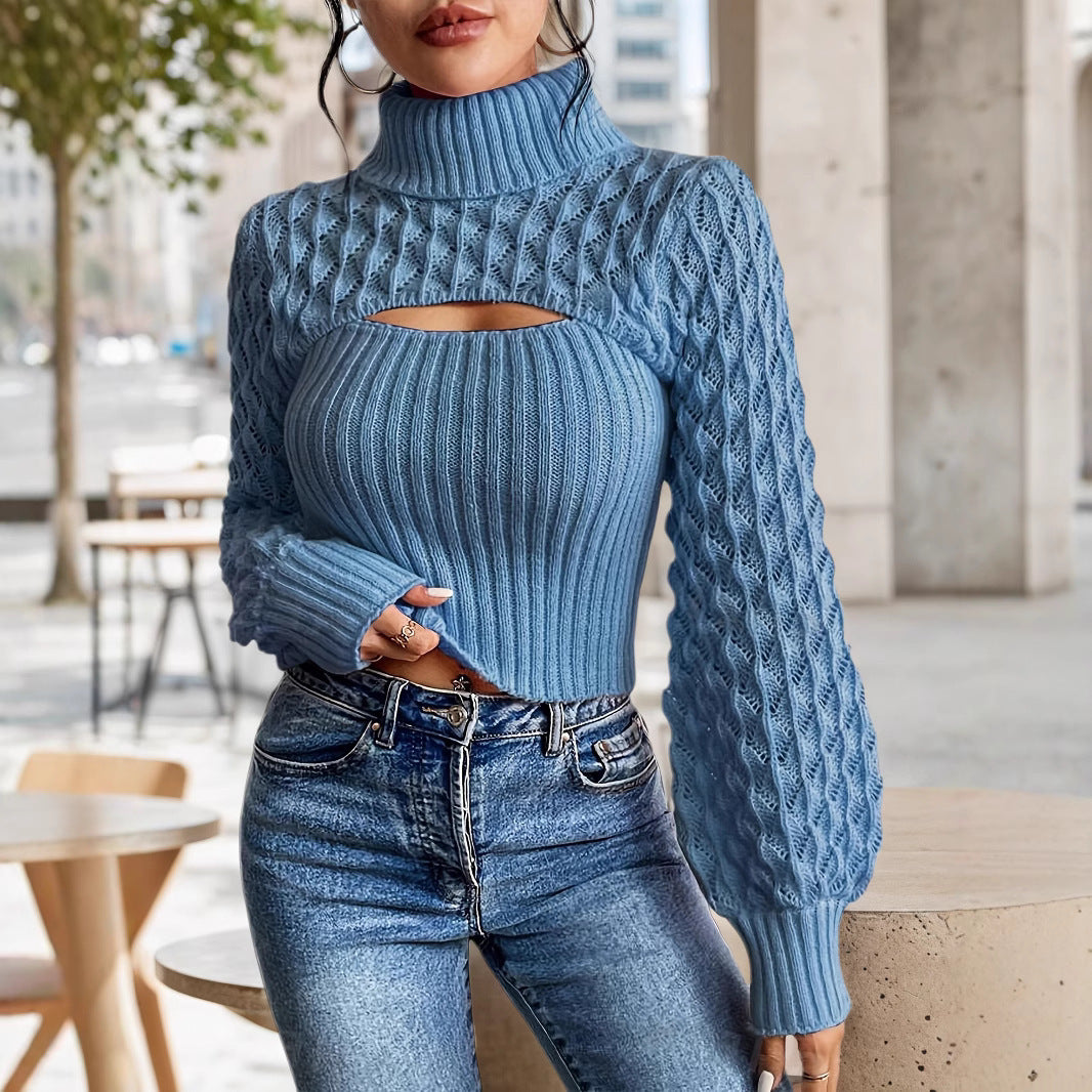 Damen Rollkragen-Strickpullover mit Hohlmuster – Cable Knit Design